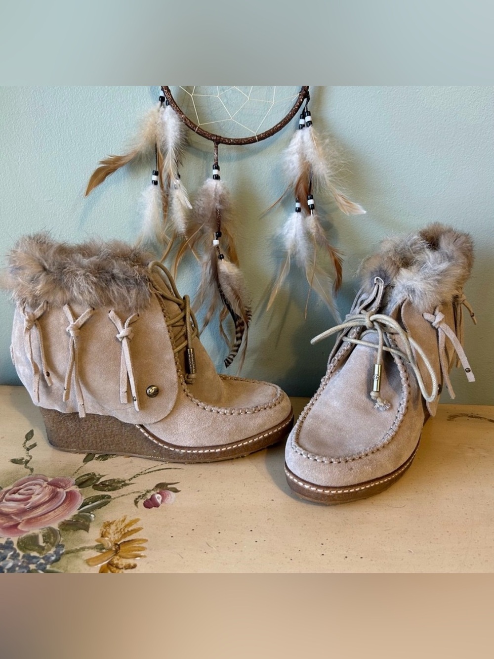 Australia Luxe Collective Light Tan Suede Rabbit Fur Fringe Lace Up Wedge Boots